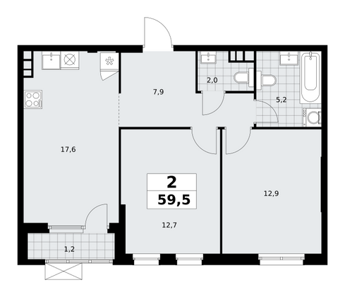 59,5 м², 2-комн. квартира, 8/24 этаж