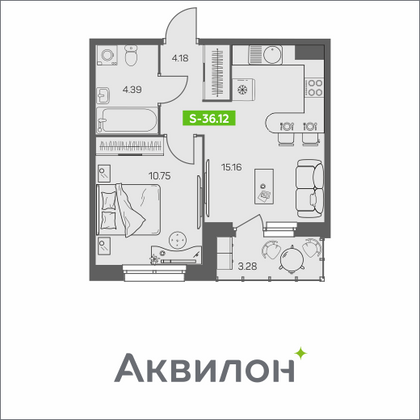 36,1 м², 1-комн. квартира, 2/8 этаж