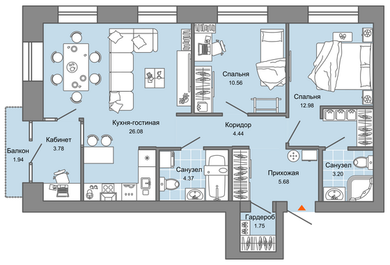 Продажа 2-комнатной квартиры 74 м², 3/7 этаж