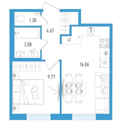 35 м², 1-комн. квартира, 2/7 этаж