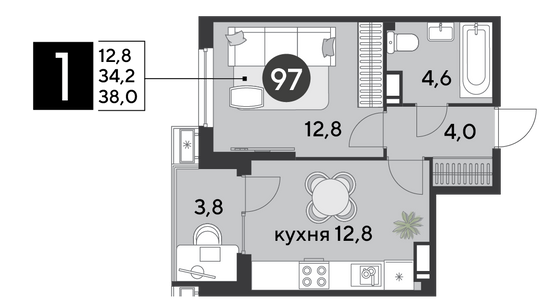 Продажа 1-комнатной квартиры 38 м², 11/18 этаж