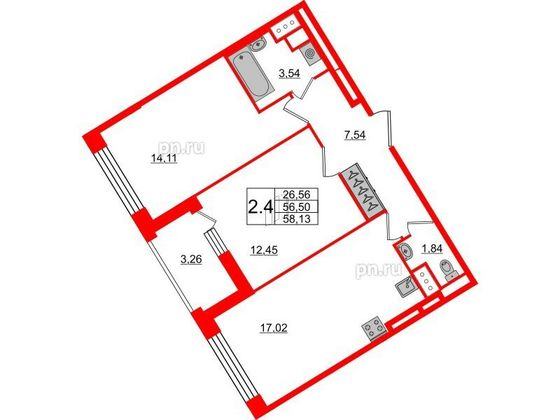 Продажа 2-комнатной квартиры 56,5 м², 2/13 этаж
