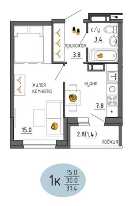 31,4 м², 1-комн. квартира, 2/25 этаж