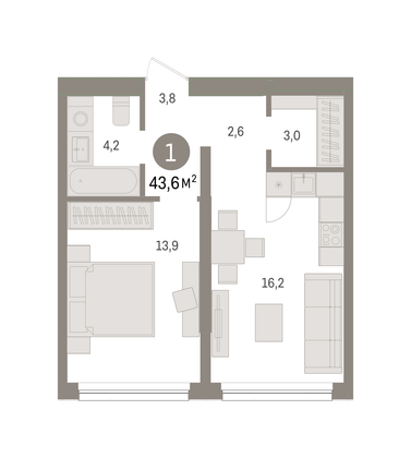 43,6 м², 1-комн. квартира, 2/6 этаж