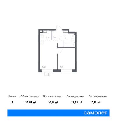 Продажа 2-комнатной квартиры 33,9 м², 2/16 этаж
