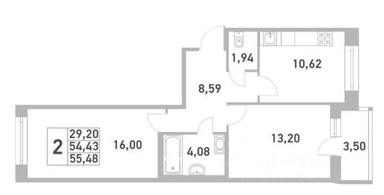 Продажа 2-комнатной квартиры 55,5 м², 7/13 этаж
