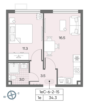 Продажа 1-комнатной квартиры 34,3 м², 9/24 этаж