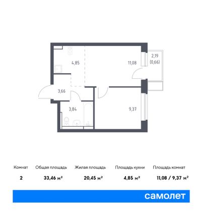 33,5 м², 2-комн. квартира, 13/17 этаж