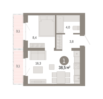 Продажа 1-комнатной квартиры 38,5 м², 4/7 этаж