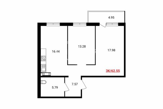 Продажа 3-комнатной квартиры 62,5 м², 14/15 этаж