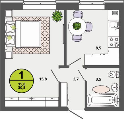 30,5 м², 1-комн. квартира, 1/3 этаж