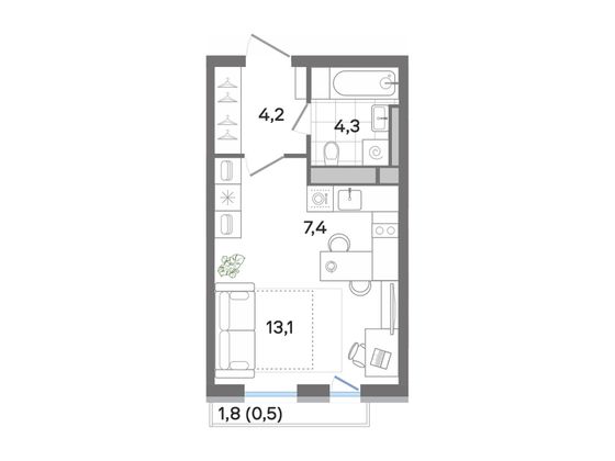 29,5 м², студия, 3/4 этаж