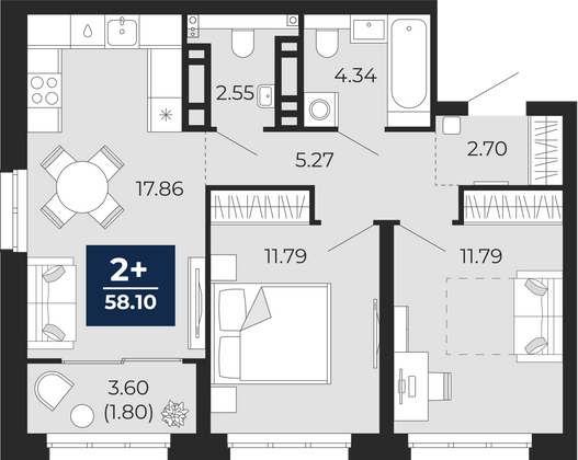 58,1 м², 2-комн. квартира, 5/23 этаж