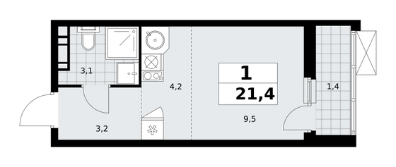 21,4 м², своб. планировка, 12/19 этаж