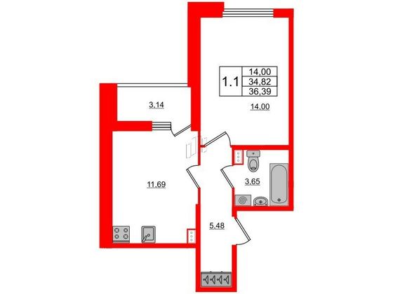 Продажа 1-комнатной квартиры 34,8 м², 2/12 этаж