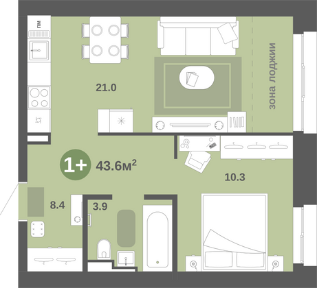 43,6 м², 1-комн. квартира, 8/9 этаж