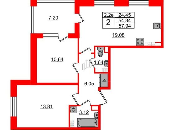 Продажа 2-комнатной квартиры 54,3 м², 5/5 этаж