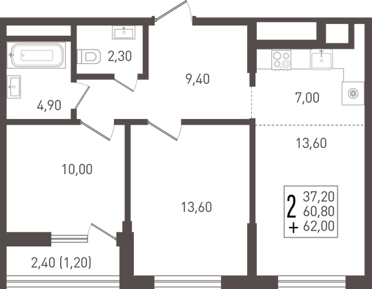 62 м², 2-комн. квартира, 1/8 этаж