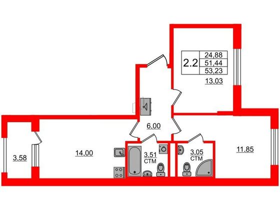 Продажа 2-комнатной квартиры 51,4 м², 1/4 этаж