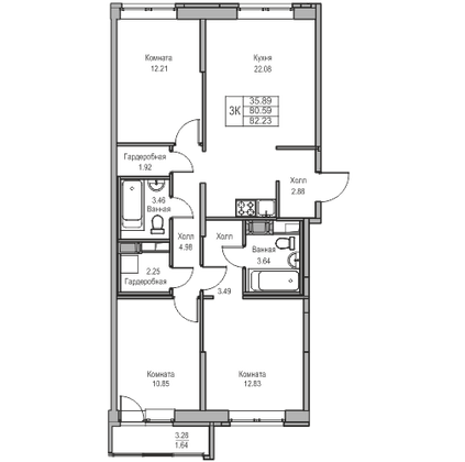 Продажа 3-комнатной квартиры 80,6 м², 12/23 этаж