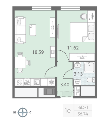 Продажа 1-комнатной квартиры 36,7 м², 14/23 этаж