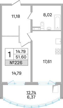 51,6 м², 1-комн. квартира, 6 этаж