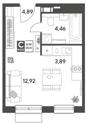 Продажа квартиры-студии 26,2 м², 11/15 этаж