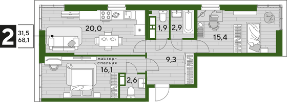 Продажа 2-комнатной квартиры 68,1 м², 16/16 этаж