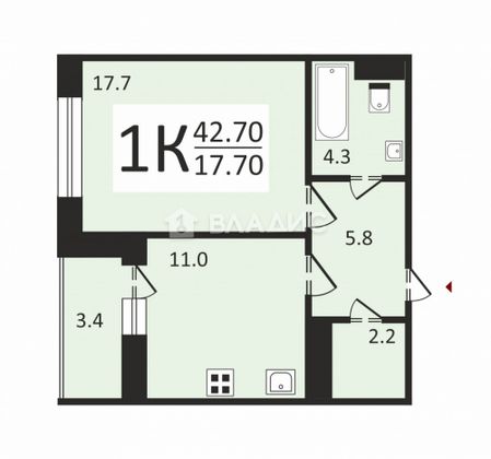 Продажа 1-комнатной квартиры 42,7 м², 5/9 этаж