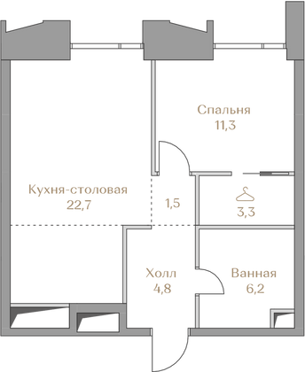 49,8 м², 1-комн. квартира, 5/18 этаж