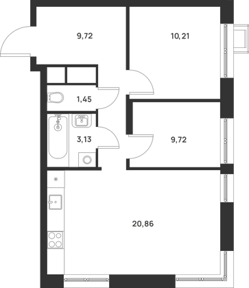 53,9 м², 2-комн. квартира, 20/29 этаж