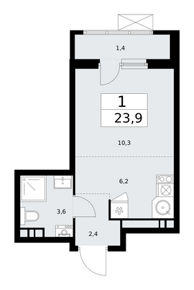 23,9 м², своб. планировка, 6/13 этаж