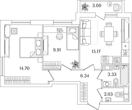 53 м², 2-комн. квартира, 5/9 этаж