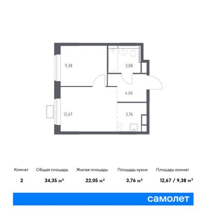 34,3 м², 1-комн. квартира, 7/12 этаж