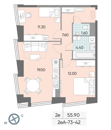 Продажа 2-комнатной квартиры 55,9 м², 42/58 этаж