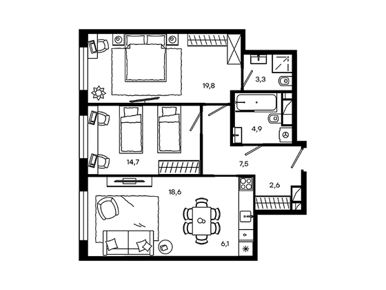 77,5 м², 3-комн. квартира, 10/12 этаж