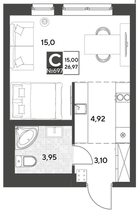 Продажа квартиры-студии 27 м², 11/25 этаж