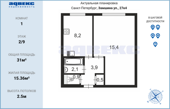 Продажа 1-комнатной квартиры 31 м², 2/9 этаж