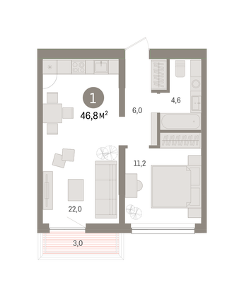 Продажа 1-комнатной квартиры 46,8 м², 4/6 этаж