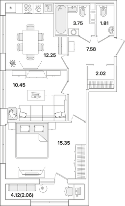 55,3 м², 2-комн. квартира, 10/12 этаж