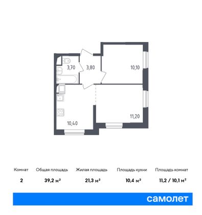 Продажа 2-комнатной квартиры 39,2 м², 5/22 этаж
