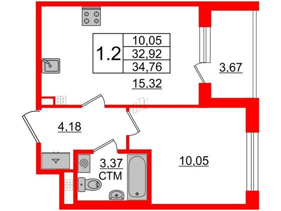 Продажа 1-комнатной квартиры 32,9 м², 3/4 этаж