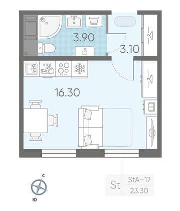 Продажа квартиры-студии 23,3 м², 9/16 этаж