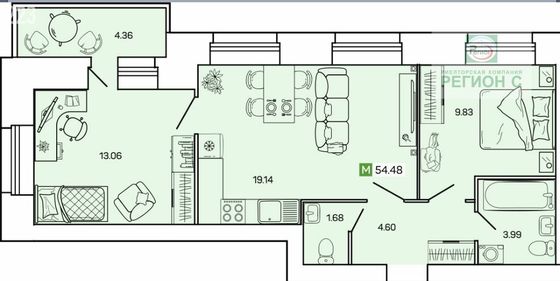 Продажа 2-комнатной квартиры 54,4 м², 3/12 этаж