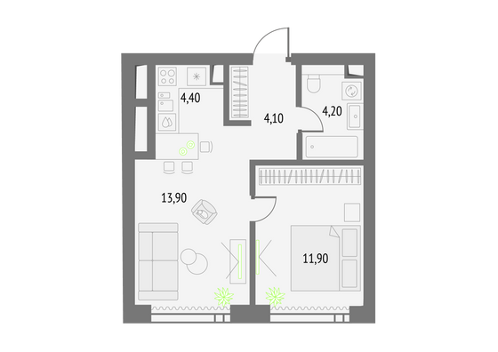 38,5 м², 1-комн. квартира, 41/55 этаж