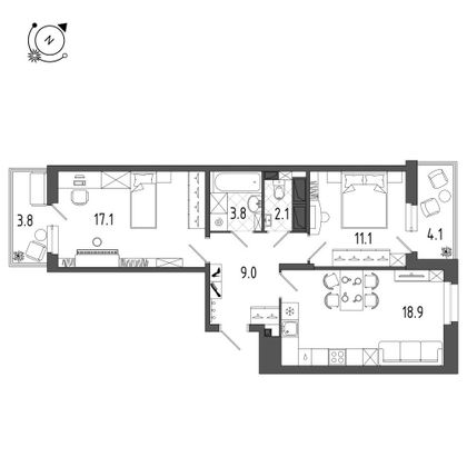 65,4 м², 2-комн. квартира, 4/12 этаж