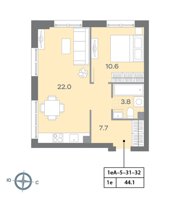 Продажа 1-комнатной квартиры 44 м², 32/32 этаж