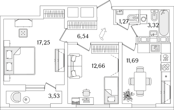 54,5 м², 2-комн. квартира, 13/17 этаж