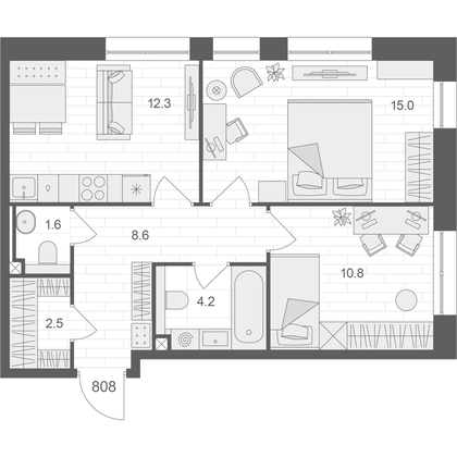 55 м², 2-комн. квартира, 8/12 этаж