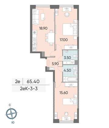 Продажа 2-комнатной квартиры 65,4 м², 3/58 этаж